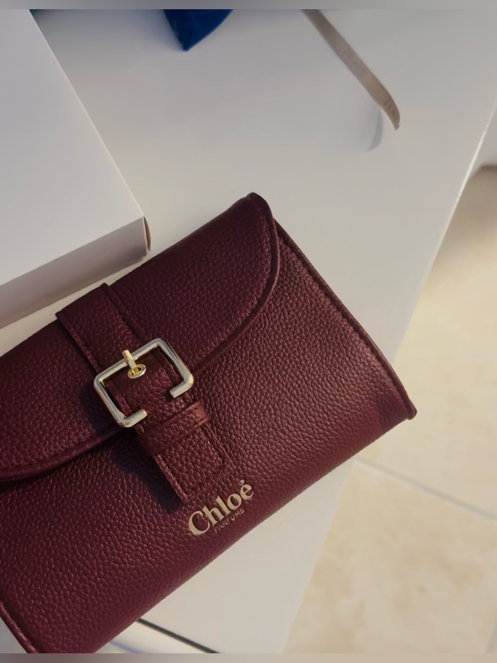Chloé Burgundy Pebbled Leather Fold Wallet/ Cosmetic pouch with Gold Buckle